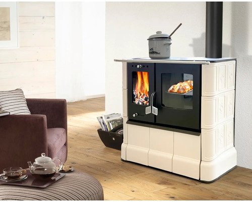 DOMOFIRE Steyr Fornuis-Houtkachel – Zandgele Keramiek, 7,5 kW - Afbeelding 2