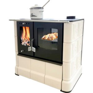 DOMOFIRE Steyr Fornuis-Houtkachel – Zandgele Keramiek, 7,5 kW