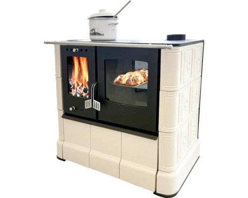 DOMOFIRE Steyr Fornuis-Houtkachel – Zandgele Keramiek, 7,5 kW