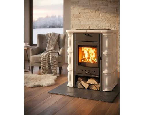 Haas & Sohn Tirol 343.15 Houtkachel – Crème Keramiek, 6,4 kW met Houtvak - Afbeelding 2