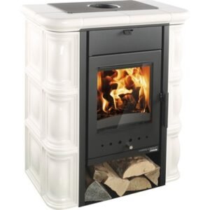 Haas & Sohn Tirol 343.15 Houtkachel – Crème Keramiek, 6,4 kW met Houtvak