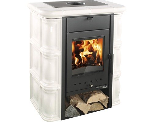 Haas & Sohn Tirol 343.15 Houtkachel – Crème Keramiek, 6,4 kW met Houtvak
