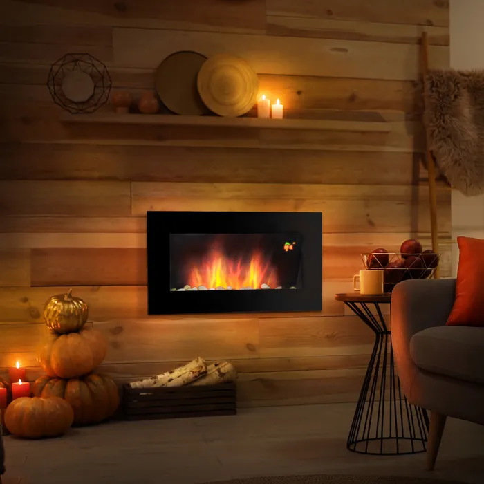 Cheminée électrique encastrable 1000/2000W, foyer mural décoratif avec flamme, 72,5x11,5x40cm, noir - Afbeelding 3
