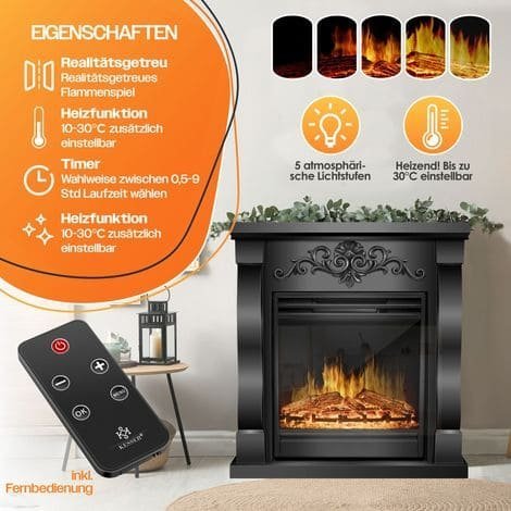 Cheminée led électrique 1800W avec chauffage réglable 10-30°C, Dimensions 67,5x60x22,5cm - Afbeelding 2