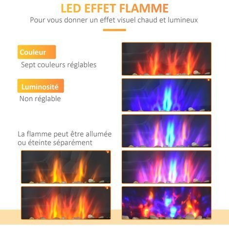 Cheminée murale électrique 1000/2000 W, foyer avec flammes LED réglables, 72,5x11,5x40 cm, noir - Afbeelding 3