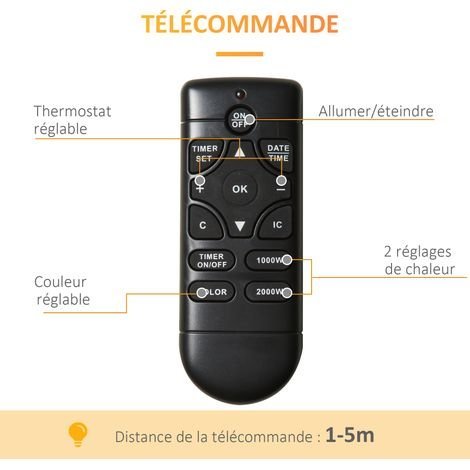 Cheminée murale électrique 1000/2000 W, foyer avec flammes LED réglables, 72,5x11,5x40 cm, noir - Afbeelding 2
