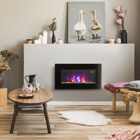 Cheminée murale électrique 1000/2000 W, foyer avec flammes LED réglables, 72,5x11,5x40 cm, noir